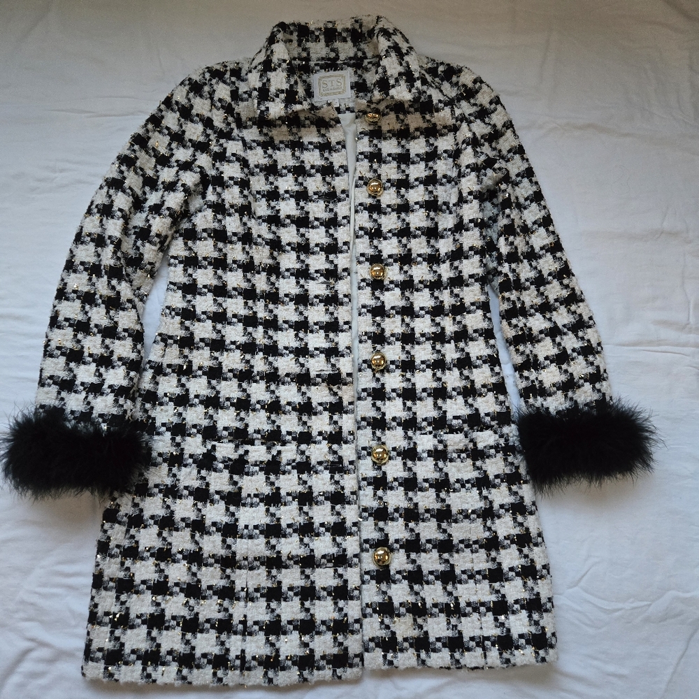 STS Sail to Sable Houndstooth Tweed Marabou Coat With Feather Cuffs